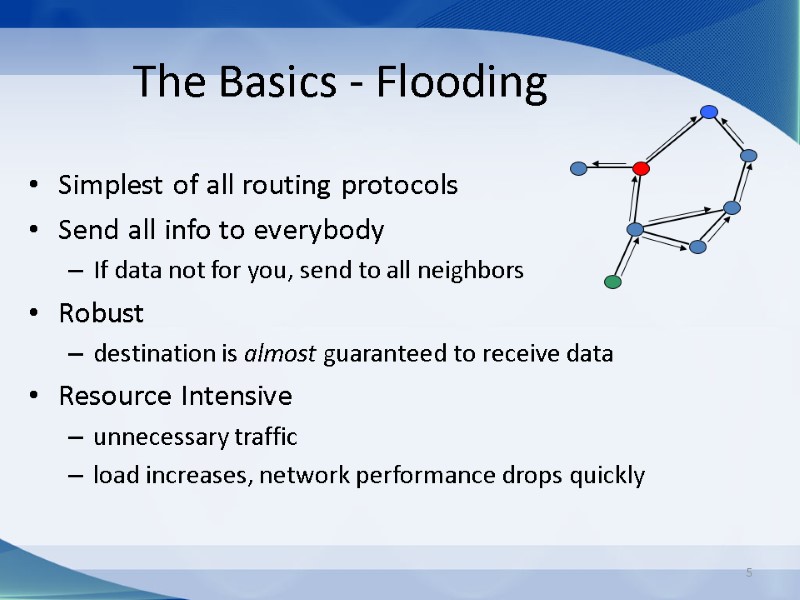 5 The Basics - Flooding Simplest of all routing protocols Send all info to